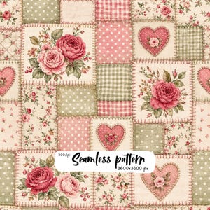 May include: A seamless fabric pattern featuring a patchwork design of squares with pink roses, white polka dots on sage green, pink gingham, and heart shapes. The text 300dpi Seamless pattern 3600x3600 px is overlaid on the center of the image.
