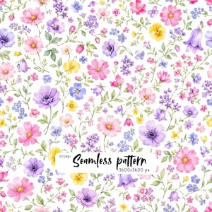 May include: A seamless pattern featuring a watercolor illustration of various wildflowers in shades of pink, purple, blue, and yellow on a white background. The text 300dpi Seamless pattern 3600x3600 px is printed in black in the center.