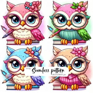 Kawaii Owl Clipart Bundle, Cute School Owls with Glasses, Books and Pencils, Teacher Classroom Sublimation Design
