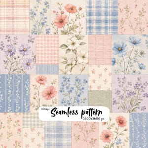 Puede incluir: Un collage digital que presenta un patrón sin costuras de ilustraciones florales, cuadros y vichy en tonos pastel suaves de rosa, azul y crema. La imagen incluye el texto 300dpi Seamless pattern 3600x3600 px.