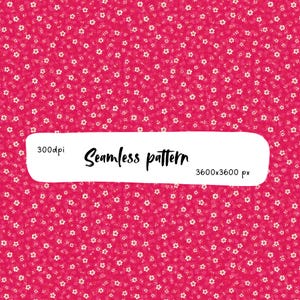 Pode incluir: Um padrão sem costuras com um fundo rosa vibrante coberto por pequenas flores brancas de cinco pétalas. Uma sobreposição retangular branca contém o texto preto 300dpi, Seamless pattern, e 3600x3600 px em uma fonte manuscrita.