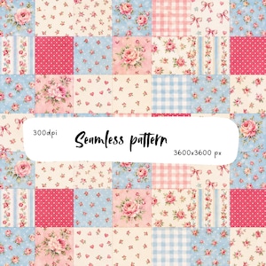 Può includere: Un motivo digitale senza cuciture composto da una griglia di quadrati con vari design, tra cui rose rosa su sfondi crema e blu, quadretti vichy rosa e bianchi, pois rossi, strisce blu con dettagli floreali, piccoli fiocchi e cuori rosa. 300dpi 3600x3600 px.