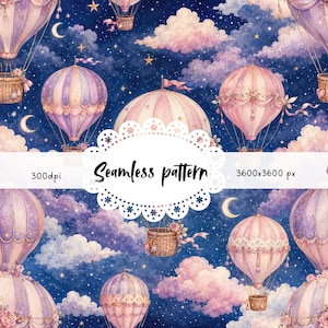 May include: Seamless pattern featuring watercolor hot air balloons in shades of pink and purple, set against a dark blue night sky with clouds, stars, and crescent moons. The text "Seamless pattern" is displayed in a decorative frame.