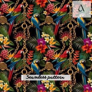 Pode incluir: Padrão sem costura com araras coloridas, flores tropicais e elos de corrente dourados sobre um fundo preto. O design inclui papagaios vermelhos, azuis e amarelos, orquídeas e hibiscos. O texto "Seamless pattern" é exibido.