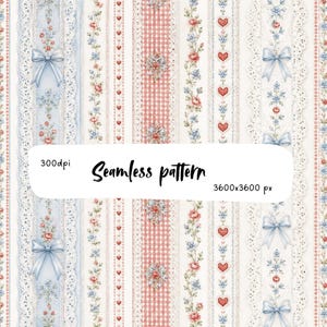 May include: A seamless pattern featuring vertical stripes of light blue ribbons, white lace, red gingham, and floral motifs with small red hearts. The image includes the text 300dpi, Seamless pattern, and 3600x3600 px overlaid on the design.