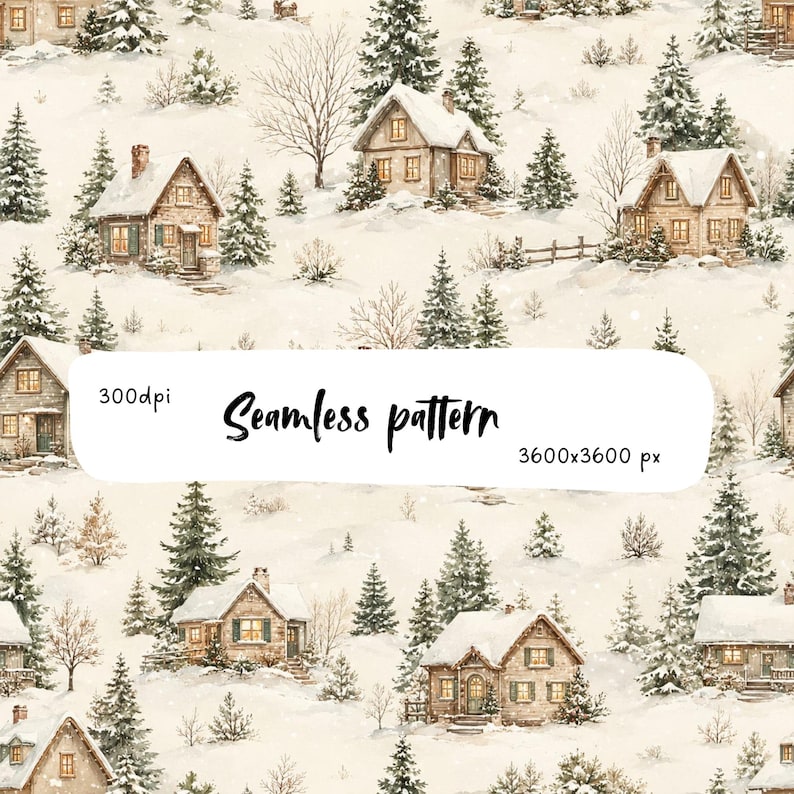 Cozy Snowy Winter Village Seamless Pattern | Christmas Cottage ...