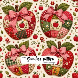 Motif patchwork de pommes sans couture, pommes fleuries matelassées avec nœuds roses, tissu style cottagecore, papier numérique à télécharger pour scrapbooking