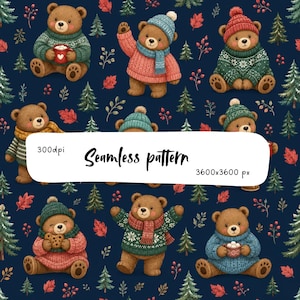 Op de afbeelding: Een naadloos patroon met bruine beren in wintertruien, sjaals en mutsen, afgewisseld met dennenbomen en rode bladeren op een donkerblauwe achtergrond. De afbeelding bevat de tekst 300dpi, Seamless pattern en 3600x3600 px.