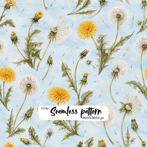 Può includere: Un motivo continuo con illustrazioni ad acquerello di fiori di tarassaco gialli, soffioni bianchi e foglie verdi su sfondo azzurro. Il testo 300dpi Seamless pattern 3600x3600 px è stampato al centro dell'immagine.