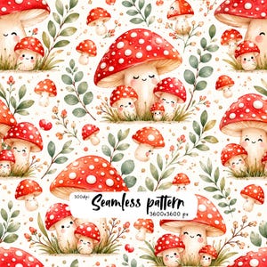 Puede incluir: Un patrón continuo que presenta múltiples hongos rojos con manchas blancas y caras sonrientes, intercalados con ramas de hojas verdes y pequeños elementos florales sobre un fondo blanco, con el texto Seamless pattern 300dpi 3600x3600 px.