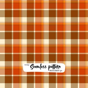 Könnte beinhalten: Ein nahtloses Schottenkaro-Muster mit sich kreuzenden horizontalen und vertikalen Linien in Orange-, Braun- und Cremetönen. Ein weißes Etikett zeigt den Text 300dpi Seamless pattern 3600x3600 px in schwarzer Schreib- und serifenloser Schrift.