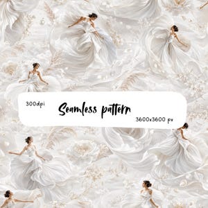 Pode incluir: Um padrão contínuo com figuras repetidas em vestidos brancos fluidos entre elementos florais suaves e erva-das-pampas. A imagem inclui o texto 300dpi, Seamless pattern e 3600x3600 px numa sobreposição retangular branca central.