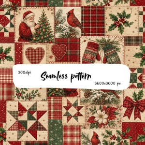 Pode incluir: Um padrão digital sem costuras com um design de patchwork de imagens de Natal, incluindo o Pai Natal, um cardeal, bagas de azevinho, luvas, estrelas e xadrez. O texto 300dpi, Seamless pattern, e 3600x3600 px está sobreposto.