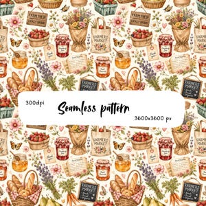 May include: A seamless pattern featuring watercolor illustrations of farmers market items including baskets of strawberries, jars of honey and preserves, bouquets of wildflowers, bread, carrots, butterflies, and signs reading Farm Fresh and Farmers Market.