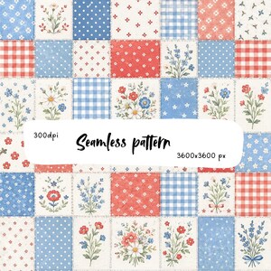 Può includere: Un motivo digitale senza cuciture che presenta una griglia patchwork di quadrati con illustrazioni floreali rosse e blu, pois e quadretti vichy. L'immagine include il testo 300dpi, Seamless pattern e 3600x3600 px al centro.