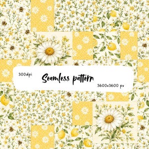 Pode incluir: Um padrão sem costuras com um design de patchwork de margaridas amarelas e brancas, limões e abelhas num fundo creme. A imagem inclui o texto 300dpi, Seamless pattern e 3600x3600 px sobreposto no centro do gráfico.