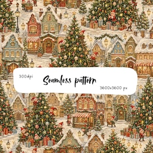 Op de afbeelding: Een naadloos digitaal patroon met een feestelijk winterdorp met besneeuwde huizen, versierde kerstbomen en kleine elfen. De afbeelding bevat de tekst 300dpi, Seamless pattern en 3600x3600 px.