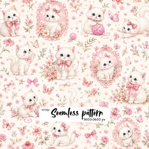 Motivo senza cuciture con gattini bianchi, carta digitale con gatto e fiocco rosa, tessuto con motivo floreale e farfalle, grazioso sfondo vintage per la cameretta.