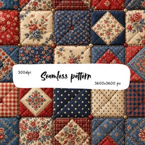 Puede incluir: Un patrón sin costuras con un diseño de tela acolchada con cuadrados y diamantes alternos en rojo, azul marino y crema. El textil muestra estampados florales, lunares y cuadros con costuras visibles. El texto dice 300dpi 3600x3600 px.