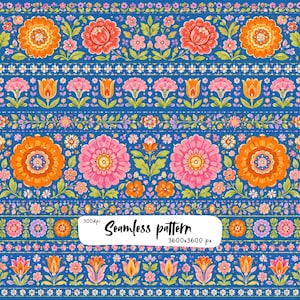 May include: A seamless pattern featuring horizontal bands of vibrant orange, pink, and yellow flowers with green leaves on a deep blue background. The design includes small white floral borders and a central white label with the text 300dpi Seamless pattern 3600x3600 px.