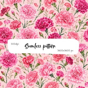 Op de afbeelding: Een naadloos patroon met verschillende tinten roze en rode anjerbloemen met groene stengels en bladeren op een lichtroze achtergrond. De afbeelding bevat de tekst 300dpi, Seamless pattern en 3600x3600 px in een wit tekstvak.