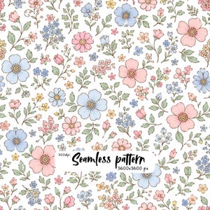 Puede incluir: Un patrón sin costuras con un diseño floral repetitivo de flores rosa claro, azul cielo y amarillas sobre un fondo blanco. La ilustración incluye hojas y tallos verdes. El texto dice: 300dpi Seamless pattern 3600x3600 px.
