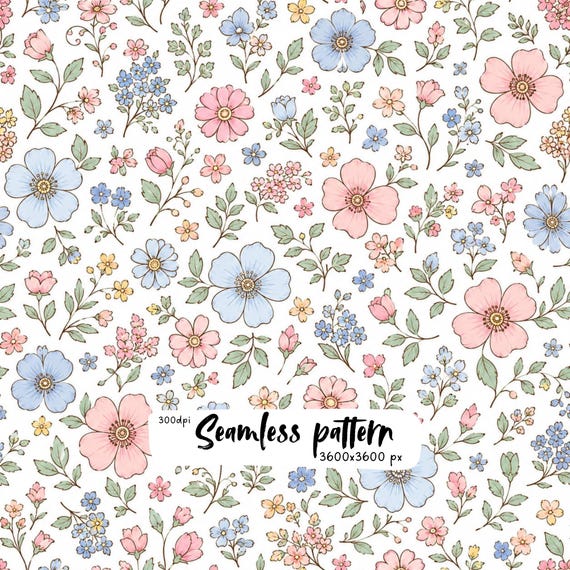 Pastel Ditsy Floral Seamless Pattern, Pink and Blue Wildflowers, Cottagecore Botanical Fabric Design, Digital Paper