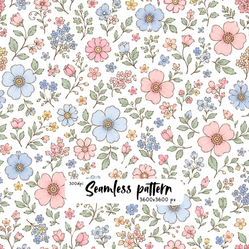May include: A seamless pattern featuring a repeating floral design with light pink, sky blue, and yellow flowers on a white background. The illustration includes green leaves and stems. Text reads: 300dpi Seamless pattern 3600x3600 px.
