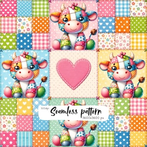 May include: A digital seamless pattern featuring a patchwork quilt design with colorful squares of polka dots, stars, hearts, and gingham. The pattern includes illustrations of a cartoon cow made of fabric patches and a central pink heart.