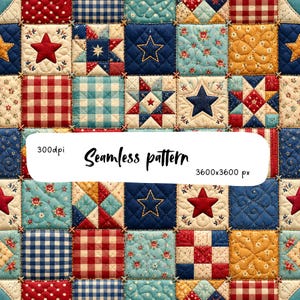 May include: A patchwork quilt pattern featuring squares with red, blue, and yellow colors, star motifs, floral prints, and gingham checks. A white overlay displays the text 300dpi, Seamless pattern, and 3600x3600 px in black lettering.