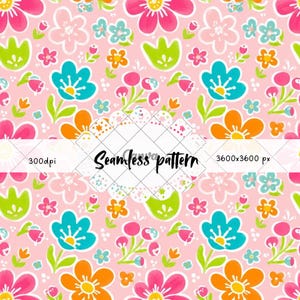 Pode incluir: Um padrão sem costuras com um design floral repetitivo num fundo rosa claro. A ilustração inclui flores estilizadas em tons brilhantes de rosa choque, turquesa e laranja, acentuadas com folhas verde-lima e pequenos pontos brancos.
