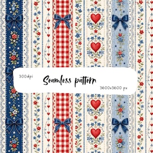 May include: A seamless pattern featuring vertical stripes of red and white gingham, dark blue and light blue ribbons with bows, lace trim, red hearts, and small blue and red floral arrangements on a cream background with 300dpi 3600x3600 px text.