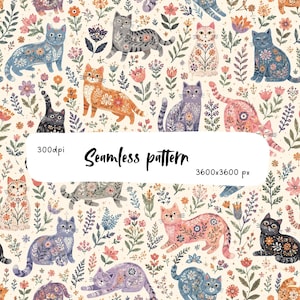 May include: A seamless pattern featuring various cats in shades of blue, orange, gray, pink, and black, decorated with floral motifs and surrounded by botanical elements on a cream background. The text 300dpi, Seamless pattern, 3600x3600 px is visible.