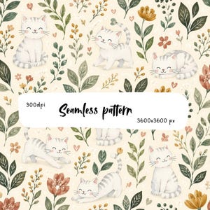 May include: A seamless pattern featuring white tabby cats in various poses interspersed with green leaves, brown stems, and small flowers on a cream background. The image includes the text 300dpi, Seamless pattern, and 3600x3600 px.
