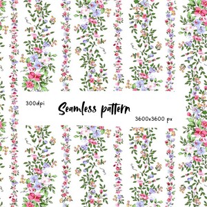Pode incluir: Um padrão sem costuras com vinhas florais verticais com flores cor-de-rosa, roxas e amarelas em caules verdes sobre um fundo branco. A imagem inclui o texto 300dpi, Seamless pattern e 3600x3600 px na área central.