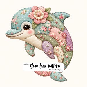 Dolphin Patchwork Clipart, Floral Fabric Dolphin PNG, Kawaii Ocean Animal, Quilted Applique Design, Sublimation Digital Download