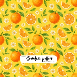 Op de afbeelding: Een naadloos patroon met hele sinaasappels, sinaasappelpartjes en kleine witte bloemen met groene bladeren op een heldergele achtergrond. De afbeelding bevat de tekst Seamless pattern 300dpi 3600x3600 px in een wit kader.