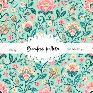 Pode incluir: Padrão floral sem costura em tons de verde-azulado, rosa e bege. O design apresenta flores e folhas estilizadas com uma estética vintage. O texto "Seamless pattern" é exibido em uma moldura branca decorativa.