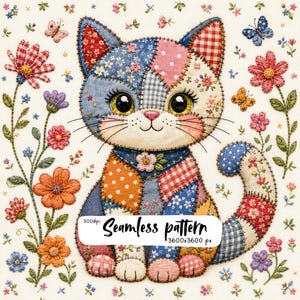 Clipart di gatto patchwork, gattino trapuntato floreale, arte di cucito cottagecore, PNG per cameretta kawaii, download digitale per sublimazione