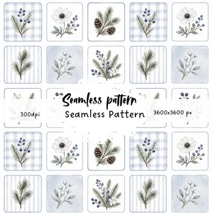 Pode incluir: Um design de padrão sem costura com ilustrações em aquarela de flora de inverno. O design inclui anêmonas brancas, pinhas e galhos de bagas e vegetação, em um fundo xadrez e listrado azul claro. O texto "Seamless pattern" também está incluído.