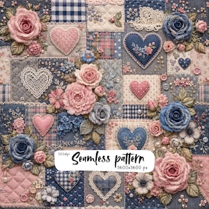 Romantic Floral Patchwork Digital Paper, Pink and Blue Roses, Quilted Hearts, Shabby Chic Fabric Pattern, Scrapbook Download