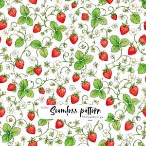 Strawberry Vine Seamless Pattern, Red Strawberries and White Blossoms, Cottagecore Botanical Fabric Print, Digital Paper