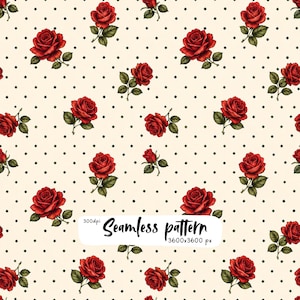 Puede incluir: Un patrón sin costuras con rosas rojas y hojas verdes sobre un fondo crema con pequeños puntos negros. La imagen incluye el texto 300dpi Seamless pattern 3600x3600 px centrado en un recuadro rectangular de color blanco.