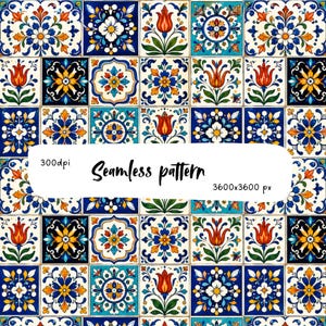 Pode incluir: Um padrão sem costuras com uma grelha de azulejos quadrados com motivos florais e geométricos complexos em azul, laranja, amarelo e verde. A imagem inclui o texto 300dpi, Seamless pattern e 3600x3600 px numa faixa branca.