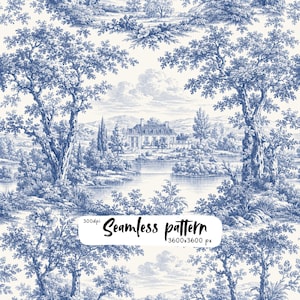 Könnte beinhalten: Ein nahtloses Muster mit einer blau-weißen Toile-de-Jouy-Landschaft mit einem zentralen Herrenhaus, Bäumen und einem See. Das Bild enthält den Text 300dpi Seamless pattern 3600x3600 px auf einem weißen rechteckigen Hintergrund.