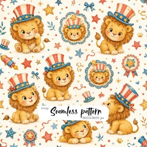 Patriotiskt lejon sömlöst mönster, sött digitalt papper för den 4 juli, Uncle Sam-hatt, röda vita blå stjärnor, barntygdesign
