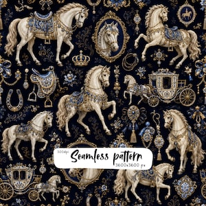 May include: A seamless pattern featuring white horses with blue and gold ornate saddles, horse-drawn carriages, crowns, and jeweled frames on a dark blue background. The image includes the text 300dpi Seamless pattern 3600x3600 px.