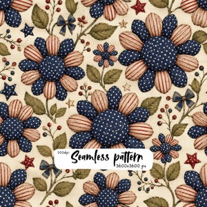 Pode incluir: Um padrão contínuo com flores estilizadas cujas pétalas alternam entre riscas vermelhas e brancas e tecido azul com estrelas brancas. O design inclui folhas verdes, pequenas bagas vermelhas, laços azuis e estrelas num fundo creme. Texto: 300dpi Seamless pattern 3600x3600 px.