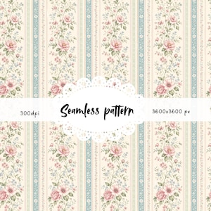 Pode incluir: Padrão floral sem costura com listras verticais em creme, azul claro e rosa. O design apresenta padrões repetidos de rosas cor-de-rosa e delicadas flores azuis, com o texto "Seamless pattern" no centro.