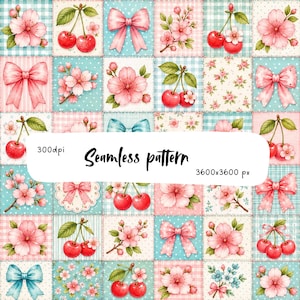 Pode incluir: Um padrão sem costuras apresentando uma grade de quadrados com ilustrações de flores de cerejeira rosas, cerejas vermelhas e laços em tons de rosa e azul. Os quadrados de fundo alternam texturas de xadrez vichy e poás. O texto diz 300dpi Seamless pattern 3600x3600 px.